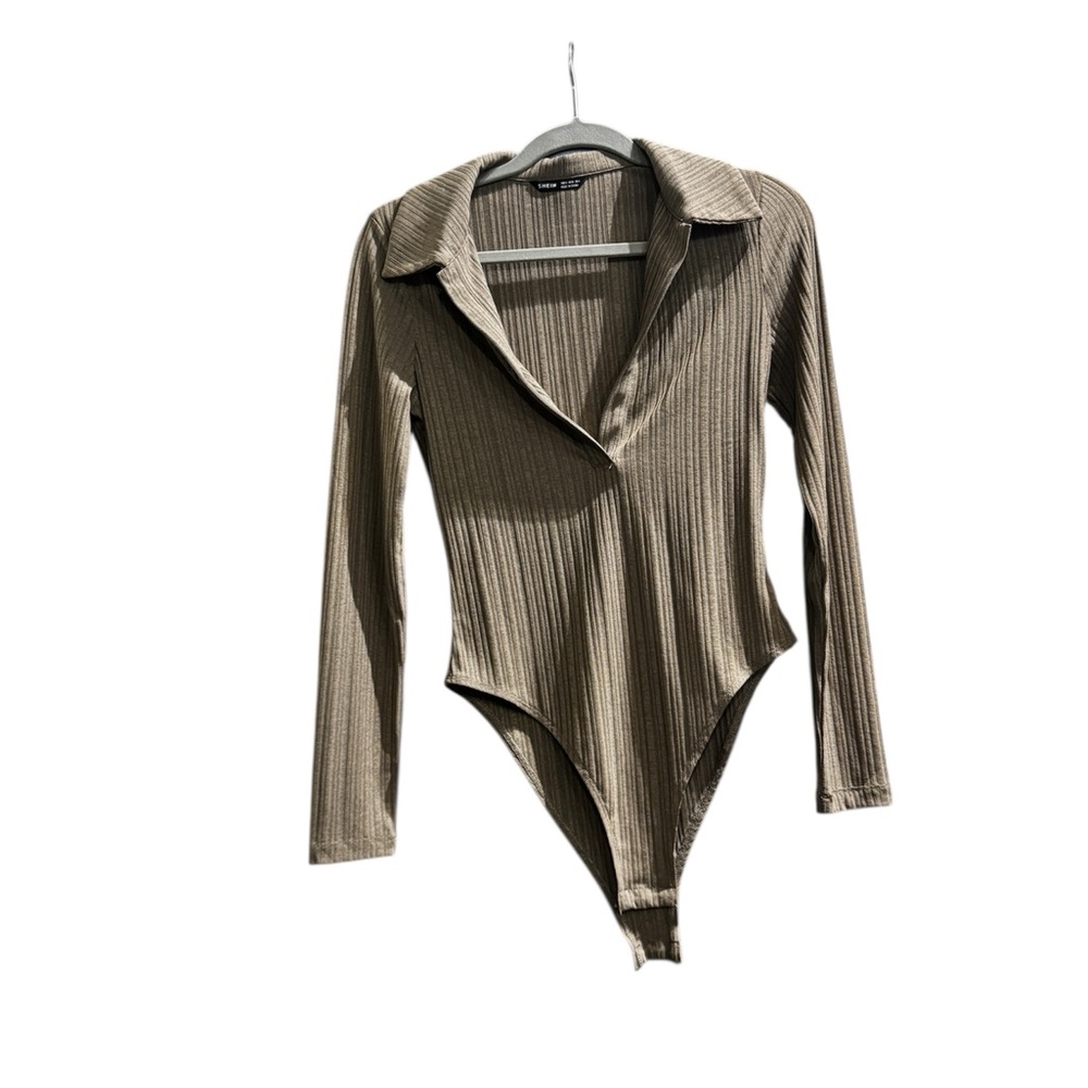 SHEIN Ribbed Long Sleeve Bodysuit - Taupe